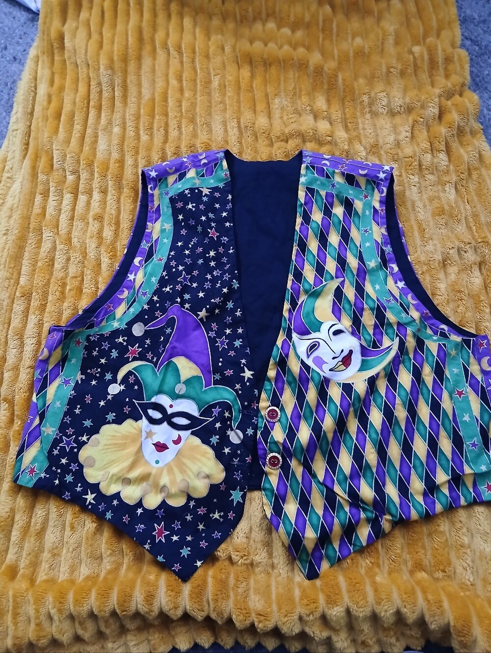 Handmade Mardi Gras Vest Jester Harlequin Pattern Purple Green Gold Costume